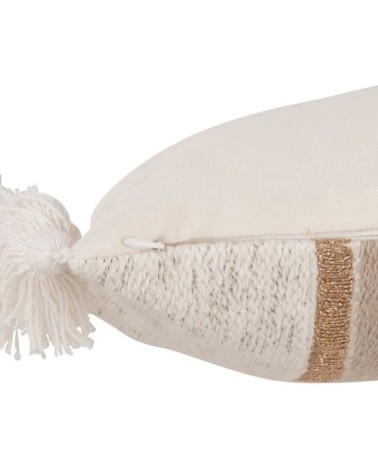 Housse de coussin en coton à rayures et pompons écrus, beiges et dorés 30x50