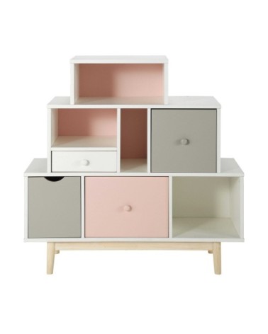 Cabinet de rangement 4 tiroirs blanc, rose et gris