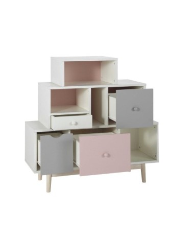 Cabinet de rangement 4 tiroirs blanc, rose et gris