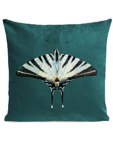 Coussin velours carré imprimé papillons vert paon 40x40