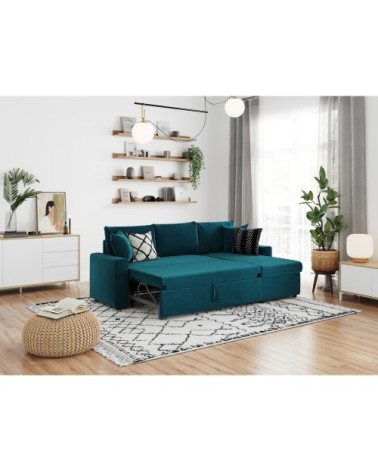 Canapé d'angle réversible et convertible avec coffre en velours - bleu