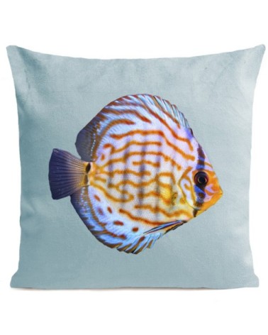 Coussin velours carré imprimé poissons bleu miami 40x40