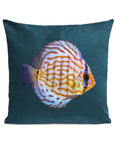 Coussin velours carré imprimé poissons bleu canard 60x60