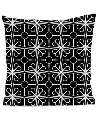 Coussin velours carré imprimé motifs noir et blanc 40x40