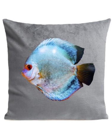 Coussin velours carré imprimé poissons gris clair 60x60