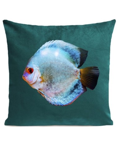 Coussin velours carré imprimé poissons vert paon 40x40