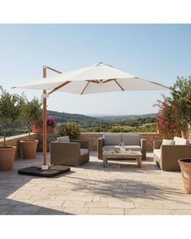 Parasol déporté 3x3m et 4 dalles à remplir effet bois blanc