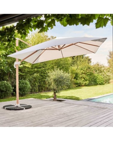 Parasol déporté 3x3m et 4 dalles lestées effet bois blanc