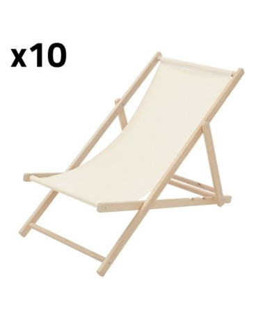 Lot de 10 chaises longues pliantes bois et tissu beige 3 positions