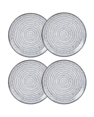 Assiette plate en grès imprimé traits bleus