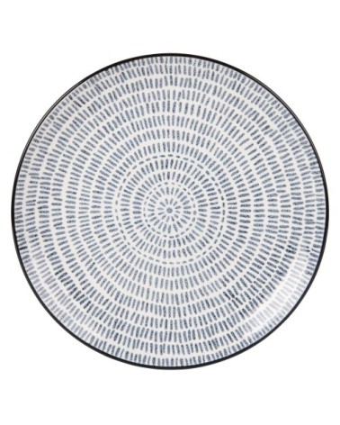Assiette plate en grès imprimé traits bleus