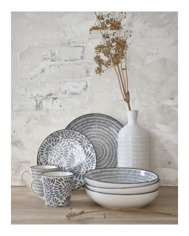 Assiette plate en grès imprimé traits bleus