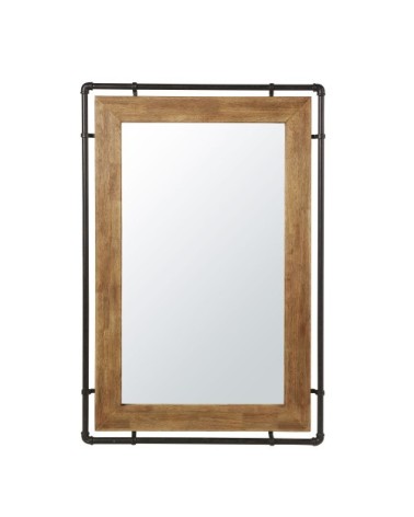 Miroir industriel en bois d'hévéa et métal noir 80x120