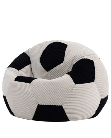 Pouf classique large enfant en velours côtelé imprimé football, noir