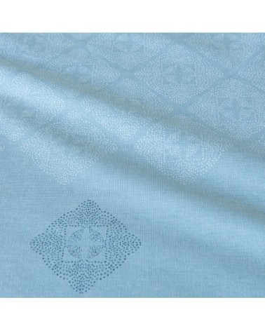 Nappe en coton bleu clair motifs écrus et bleu foncé150x250