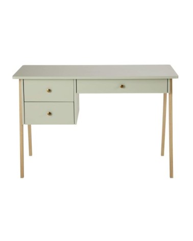 Bureau enfant 1 porte 2 tiroirs vert pieds en chêne