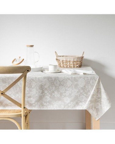 Nappe enduite en coton imprimé fleuri beige et écru 150x250