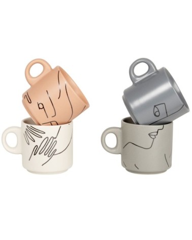 Tour tasses (x4) en porcelaine grise, bleu gris, terracotta, écrue imprimée