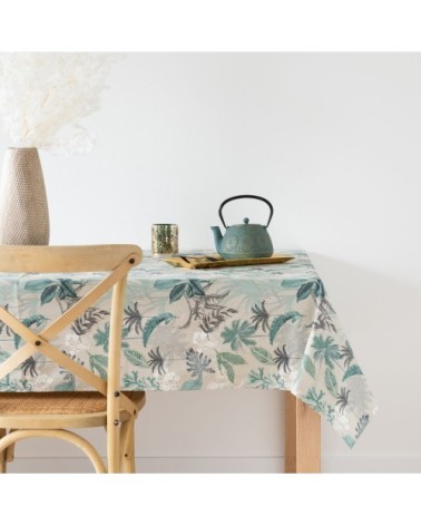 Nappe en coton enduit imprimé feuillage bleu vert, vert et noir, OEKO-TEX® 150x250