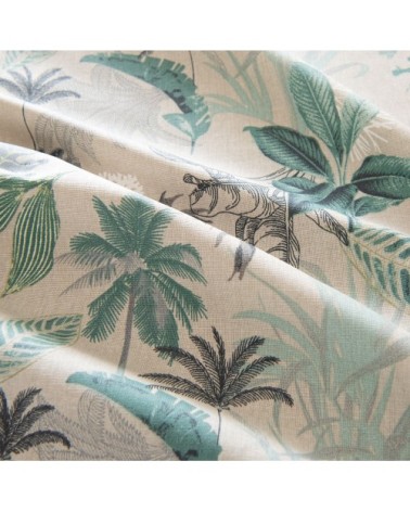 Nappe en coton enduit imprimé feuillage bleu vert, vert et noir, OEKO-TEX® 150x250
