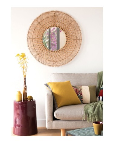 Miroir rond encadrement en rotin tressé