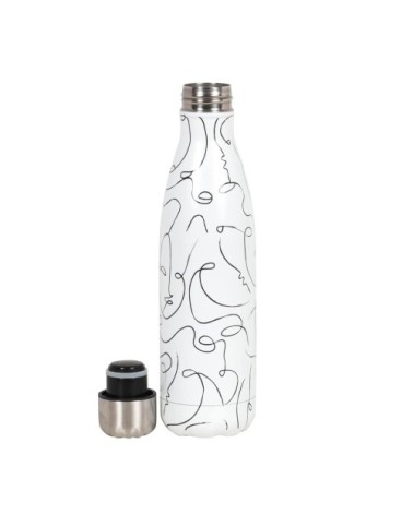 Bouteille isotherme en inox blanc motifs visages noirs 0,5L