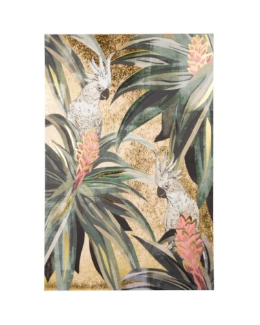 Toile imprimée et peinte perroquets et feuilles multicolores 63x92