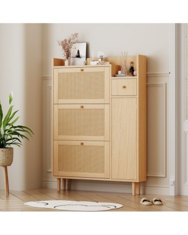 Meuble à Chaussures Scandinave en Bois Clair avec Façades en Rotin