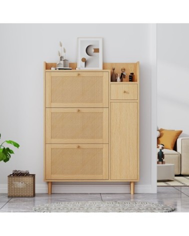 Meuble à Chaussures Scandinave en Bois Clair avec Façades en Rotin