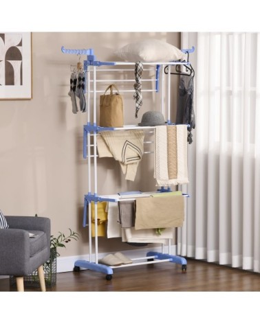 Étendoir à linge sur roulette pliable ailes latérales acier bleu