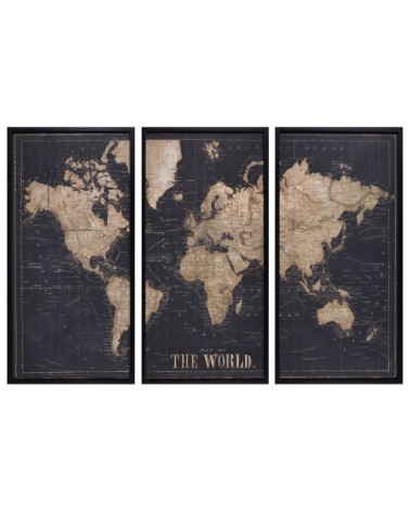 Cadre triptyque carte du monde noir 180x120