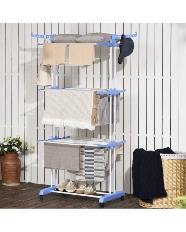 Étendoir à linge sur roulette pliable ailes latérales acier bleu