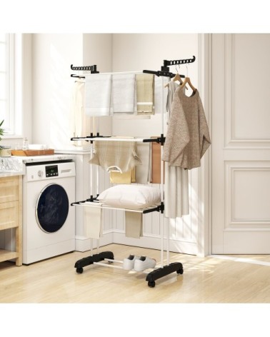 Étendoir à linge sur roulette pliable ailes latérales acier argent