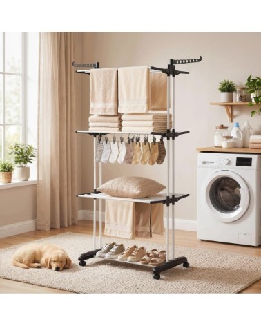 Étendoir à linge sur roulette pliable ailes latérales acier argent