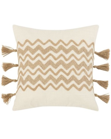 Housse de coussin en coton et jute et pompons beiges et écru 40x40