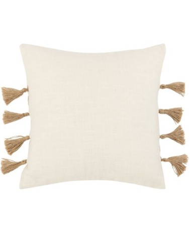 Housse de coussin en coton et jute et pompons beiges et écru 40x40