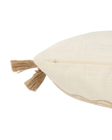 Housse de coussin en coton et jute et pompons beiges et écru 40x40