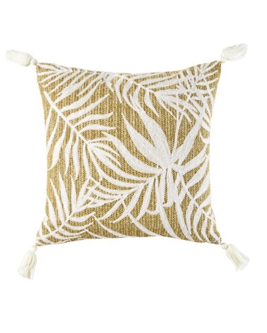 Coussin tressé et motifs brodés feuillages blancs 45x45