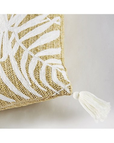 Coussin tressé et motifs brodés feuillages blancs 45x45