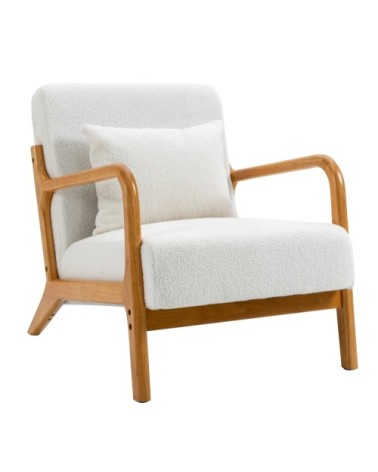 Fauteuil de salon en bois massif et bouclettes blanches