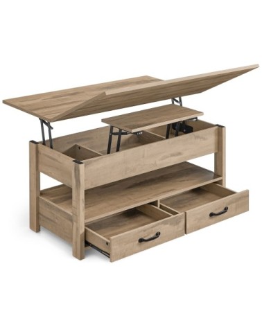 Table basse relevable vérin à gaz 2 tiroirs et 3 compartiments marron