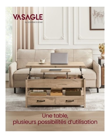 Table basse relevable vérin à gaz 2 tiroirs et 3 compartiments marron