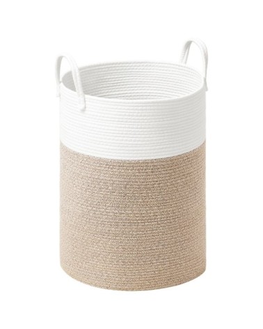 Panier à linge volume 80 l corde en coton avec poignées blanc et gris