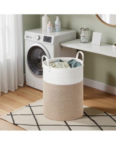 Panier à linge volume 80 l corde en coton avec poignées blanc et gris