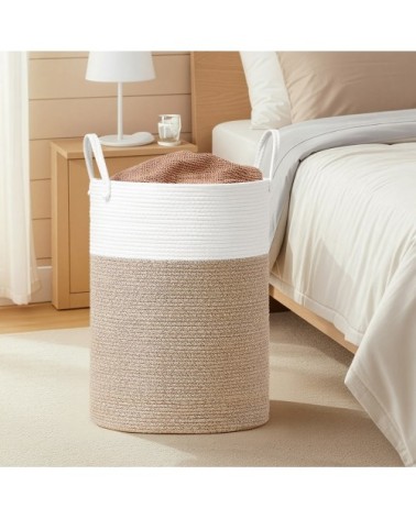 Panier à linge volume 80 l corde en coton avec poignées blanc et gris