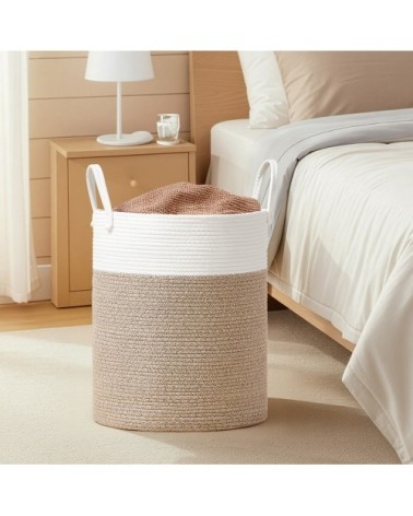 Panier à linge volume 60 l corde en coton avec poignées blanc et gris