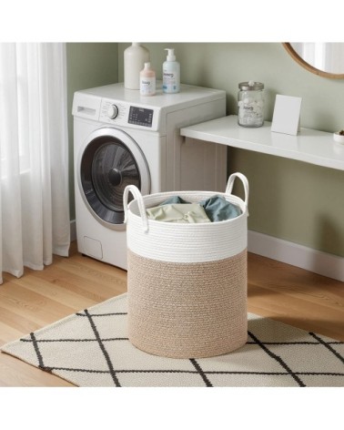 Panier à linge volume 60 l corde en coton avec poignées blanc et gris
