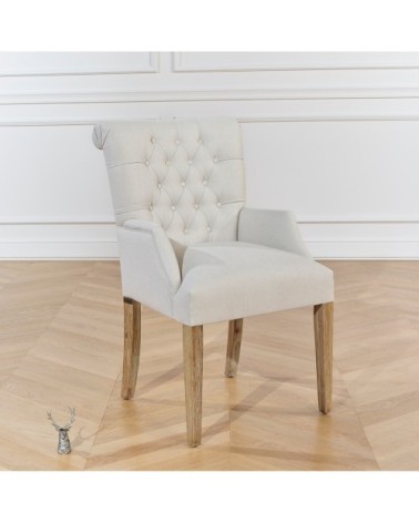 AGATA - Fauteuil de table capitonné en bois et lin naturel Lin
