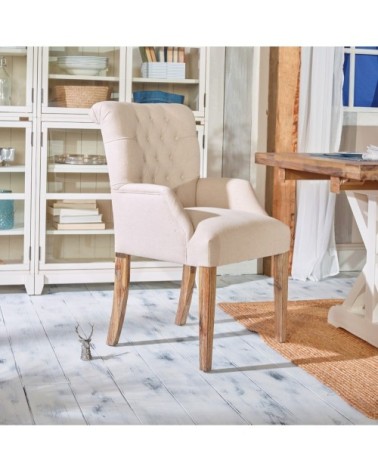 AGATA - Fauteuil de table capitonné en bois et lin naturel Lin