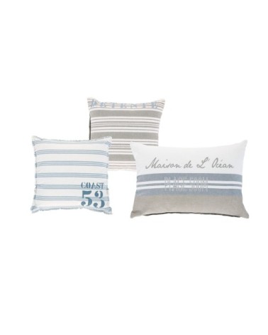 Coussins en coton écru et bleu à motifs (x3)